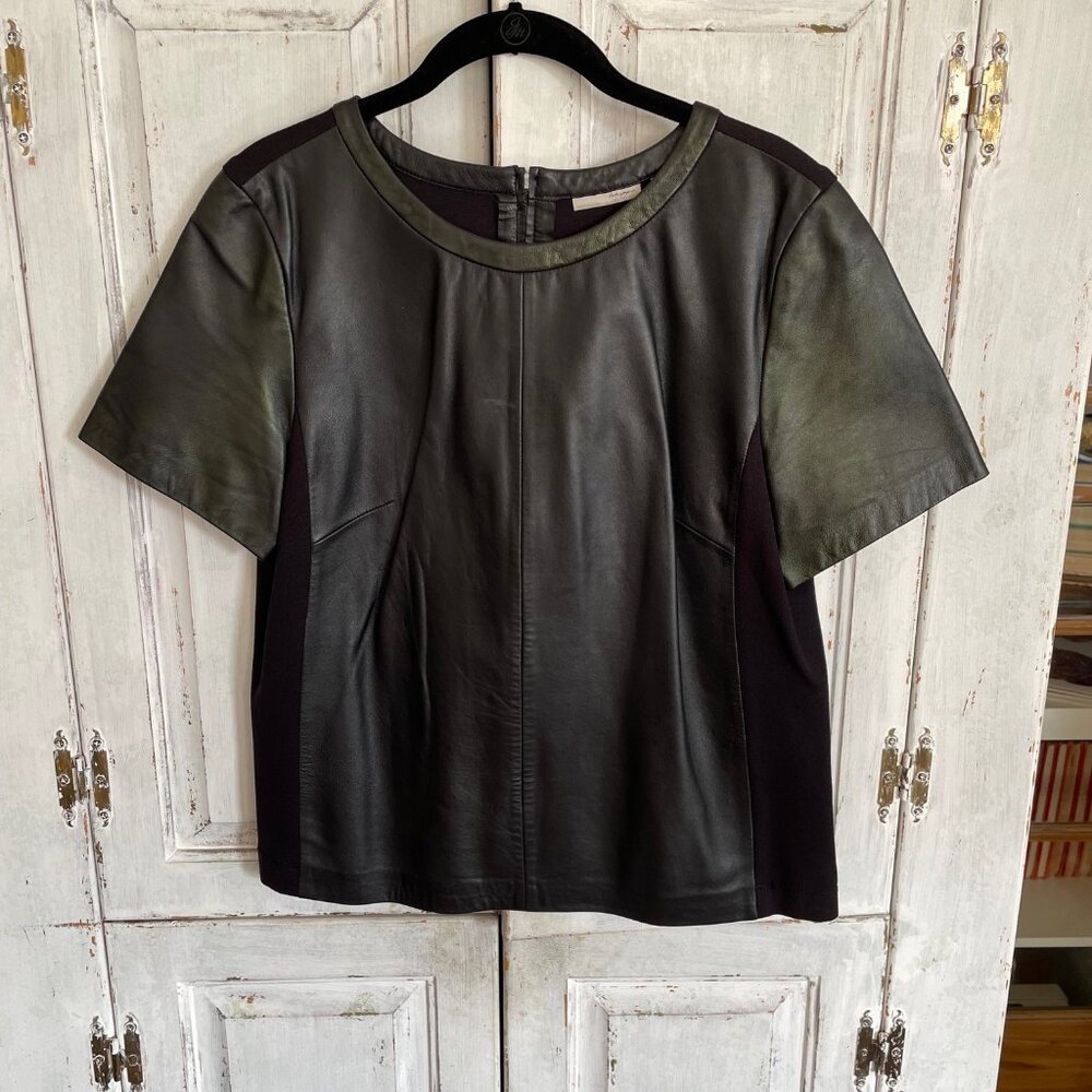 Women's Halogen Short Sleeve Black Leather & Fabric Shirt Size M